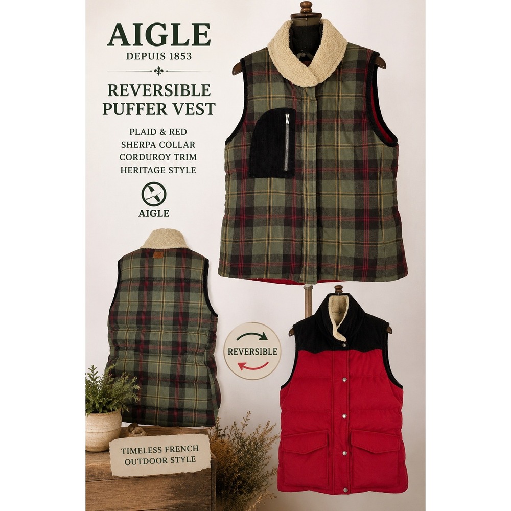 Vintage Style AIGLE Reversible Quilted Vest Plaid Corduroy Cottage Country